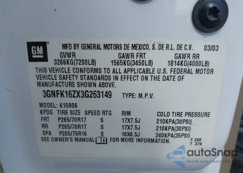 2003 Chevrolet Suburban 1500 Z71 from USA, damaged, VIN 3GNFK16ZX3G263149